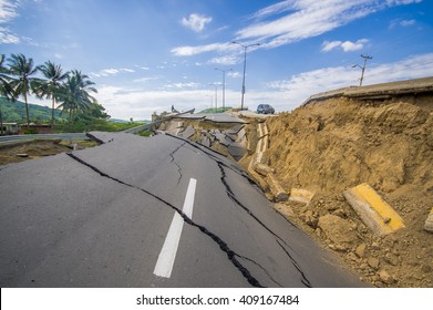 Portoviejo, Ecuador - April, 18, 2016: Cracked road after 7.8 earthquake