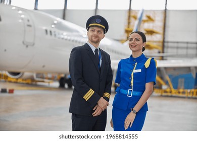 Portrair Of Plane Crew In Hangar Of Technical Service