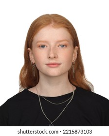 Portrait Of A 16 Year Old Red-haired Girl On A White Background. Passport Photo