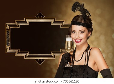 Portrait of 20s style festive beauty with glass of champagne.