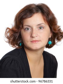 Portrait Of A 30 Year Old Woman, Looking At Camera, Dressed With Black Top.