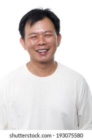 Portrait Of 40s Asian Middle Aged Male Smiling, Isolated On White Background.