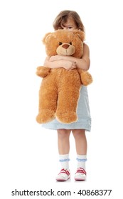 Portrait Of A 5 Year Old Girl With Teddy Bear Isolated On White Background