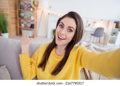 Portrait Of Adorable Positive Girl Sitting Sofa Take Selfie Recording Video Arm Palm Show Flat House Indoors