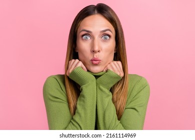 Portrait Of Adorable Sweet Lady Make Ridiculous Face Joking Lips Pouted Isolated On Pastel Color Background