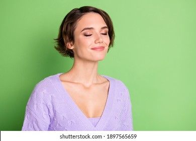 Portrait of adorable young girl closed eyes smile enjoying smell wear purple clothing isolated on green color background