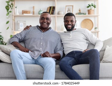 Portrait Of Adult Black Son And His Senior Father Sitting On Couch At Home, Posing To Camera, Free Space