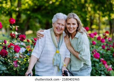 Portrait of adult granddaughter with senior grandmother on walk in park, with roses at background - Powered by Shutterstock