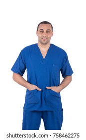 Portrait Of An Adult Male Nurse With Hands In Pocket. Isolated On White Background.