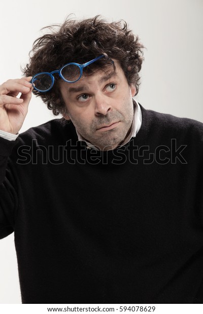 Portrait Adult Man Curly Hair Glasses Miscellaneous