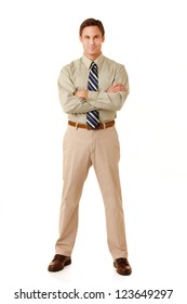 Portrait Of An Adult Man Wearing Khakis And A Shirt And Tie Looking At Camera Isolated On A White Background