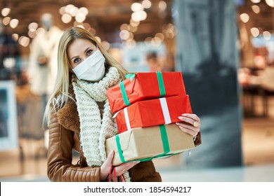 Portrait Of Adult Woman Shopping In Mall Wearing A Mask, Coronavirus Concept