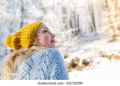 Portrait Of Adventure Woman In Winter Mountain  Background