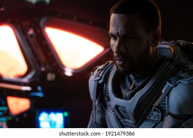 Portrait of African American Black male astronaut inside spaceship cockpit. Sci-fi space exploration concept. Mars mission - Shutterstock ID 1921479386