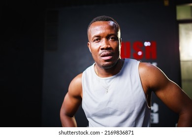 Portrait Of African American Black Male Athlete Trainer. Close Up Shot