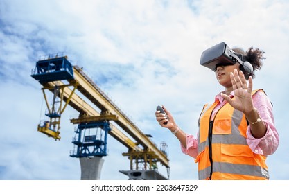 Portrait of African American Female engineer using VR gear to visualize projects on construction site.Foreman using Visual reality goggle for Blue print checking. - Powered by Shutterstock