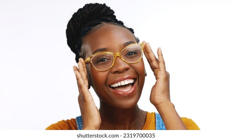 Portrait, African American female and lady with eyewear, smart or confident with spectacles. Face, black woman and glasses for clear vision, excited and happy girl isolated on white studio background - Powered by Shutterstock