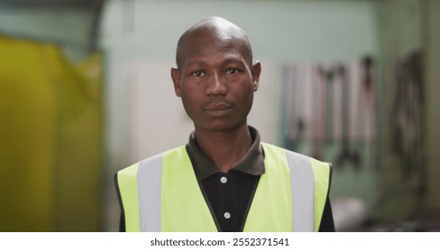 Portrait of an African American male factory worker at a factory making hydraulic equipment, wearing a high vis vest and black shirt, standing in a workshop, looking straight to the camera - Powered by Shutterstock