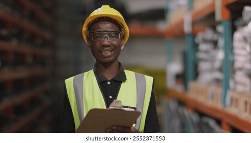 Portrait of an African American male factory worker at a factory making hydraulic equipment, wearing a hard hat, safety glasses and a high vis vest, standing in a warehouse, holding a clipboard - Powered by Shutterstock