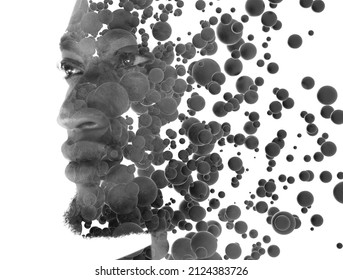 A Portrait Of An African American Man Combined With Floating 3D Spheres In A Double Exposure Technique.