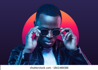 Portrait african american man  wearing sunglasses   leather jacket  isolated purple background and sunset gradient circle
