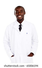 portrait of african american pharmacist on white