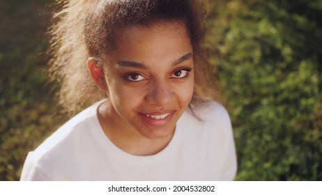 Portrait Of African American Teenage Girl Soccer Player. Close Up Face Of Confidence Healthy Smiling Black Woman. Healthy Lifestyle Concept.