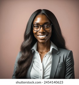 portrait of African American woman, long hair, wearing a professional suit, smile, beautiful white teeth, glasses, business, light pink background, white shirt, film grain, soft light, confidence