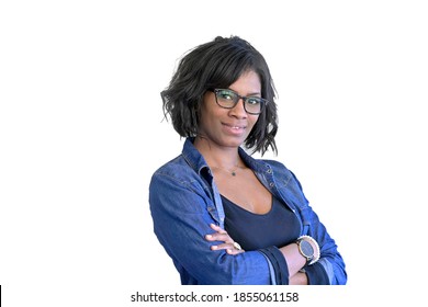 Portrait Of African American Woman Wearing Blue Jeans And Eyeglasses, Isolated