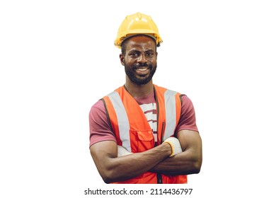 Portrait African Black Worker Standing Smile Isolated On White Background