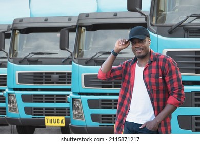 Portrait African Male Happy Smiling Confident Positive Near Lorry. Young Man Plaid Shirt Owner Truck Driver In Business Long Transport Thumbs Up Satisfied Service Commercial Driving License Training.