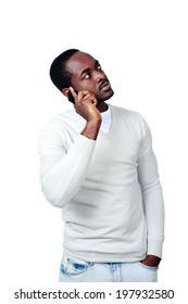 Portrait Of African Man Talking On The Phone Isolated On A White Background