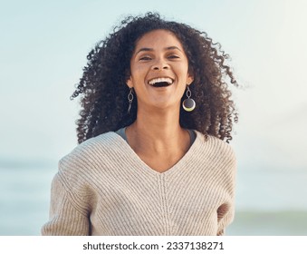 Portrait, African woman and happiness at the beach or holiday, vacation and summer at the sea, ocean in Puerto Rico. Travel, freedom and smile on face for nature, adventure and blue sky mockup