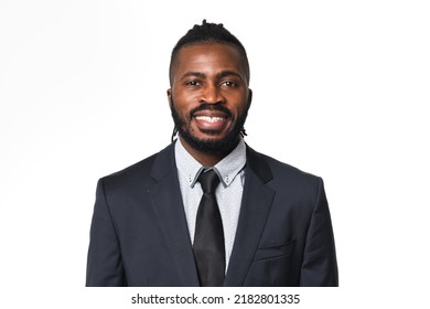 Portrait Of African-american Young Businessman Freelancer Ceo Boss Manager Bank Employee In Formal Suit Looking At Camera With Toothy Smile Isolated In White Background