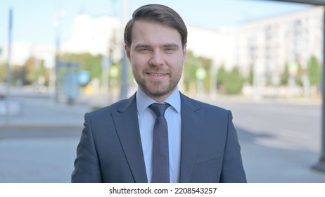 Portrait Of Agree Businessman Shaking Head In Approval Outdoor