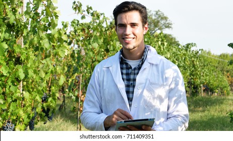 Portrait of an agronomist amidst a vineyard with a tablet in his hand to gather information on vine growth and wine production. Concept of: agronomist, science, agriculture, technology and bio. - Powered by Shutterstock