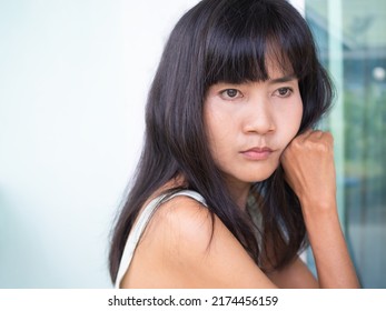 Portrait Alone Sad Woman. Pretty Sitting She Lonely And Stress. Authentic Skin Tan And Black Hair Asian Thailand. Slim Fit Lady. Card Or Poster For Broken Heart Couple Or Love Valentine Day, Problem. 