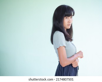 Portrait Alone Sad Woman. Pretty Standing She Lonely And Stress. Authentic Skin Tan And Black Hair Asian Thailand. Slim Fit Lady. Card Or Poster For Broken Heart Couple Or Love Valentine Day, Problem.