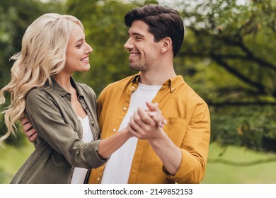 Portrait Of Amorous Coquettish Flirty Attractive Cheerful Couple Spending Free Time Dancing Enjoying Outdoors