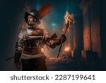 Portrait of ancient conquistador holding burning torch in dark dungeon.