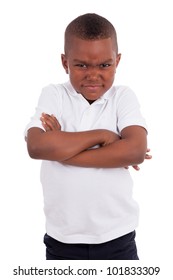 Portrait Of A Angry  African American Little Boy, Isolated On White Background