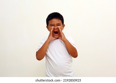 Portrait Of Angry Asian Boy Showing Frustration And Disagreement, Isolated On White Background