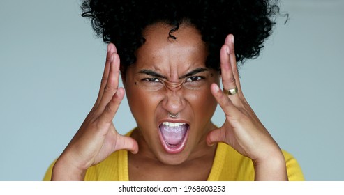 Portrait Angry Black Woman Yelling At Camera