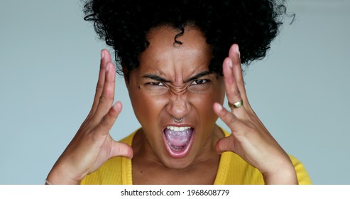 Portrait Angry Black Woman Yelling At Camera