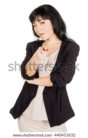 
Portrait angry business woman pointing fingers at you camera gesture isolated on white wall background. Negative human emotions face expression