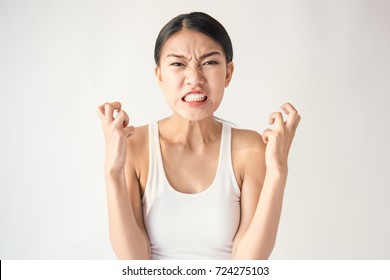 Portrait Of Angry Pensive Mad Crazy Stress Asian Woman Screaming Out (expression, Facial), Cry Girl, Beauty Portrait Of Young Panic Burnout Drama Asian Woman Isolated On White Background.