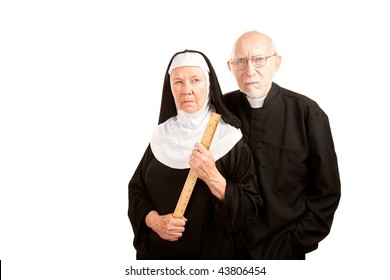 Portrait Of Angry Priest And Nun In Black