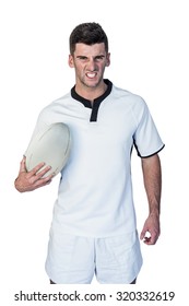 Portrait Of An Angry Rugby Player Over White Background