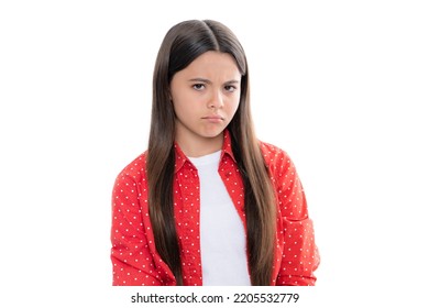 Portrait Of Angry Teen Girl Looking At Camera Isolated On Studio Background. Unhappy Upset Teenager Child.