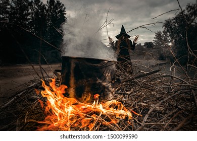A portrait of an angry witch near the fire cooking spell. Magic, dark force, spell.  - Shutterstock ID 1500099590